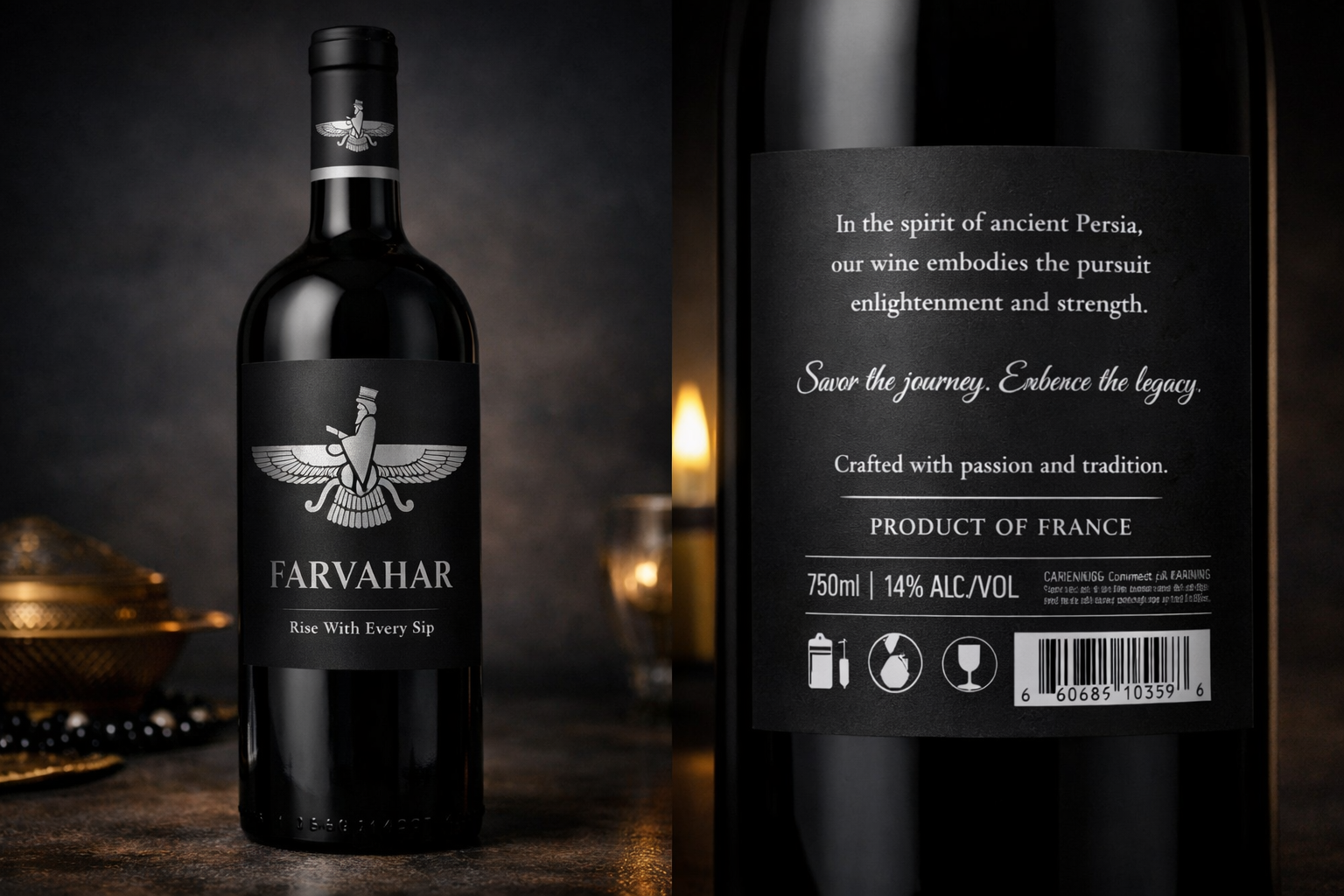 Farvahar Wine bottle front and back label — premium red wine with Persian Farvahar symbol, Product of France, 750ml, 14% ALC/VOL